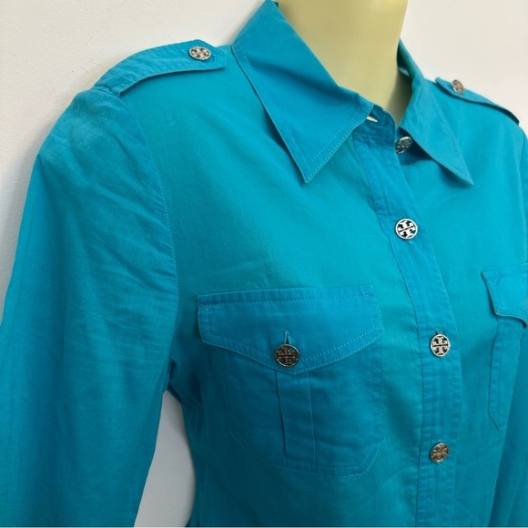 Tory Burch Turquoise Long Sleeve Lightweight Button Down Shirt size 6 - Picture 6 of 11